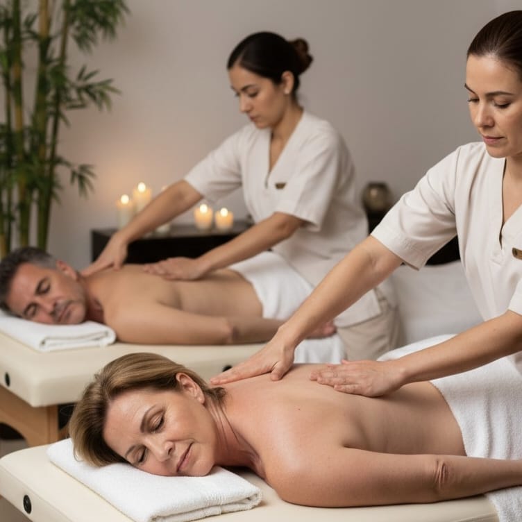 Pareja de esposos recibiendo un masaje relajante en pareja en La Adrada con dos profesionales esteticistas, plan especial de San Valentín.